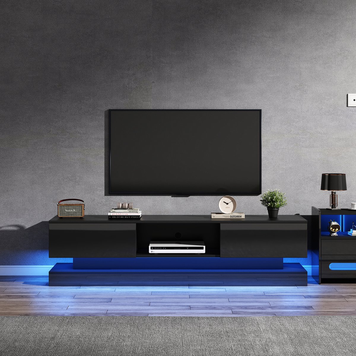 REDOM - Tv-Meubel - Ledverlichting En 2 Laden - Modern - Voor Woonkamer - Spaanplaat - Zwart - 160 x 35 x 40,5 cm