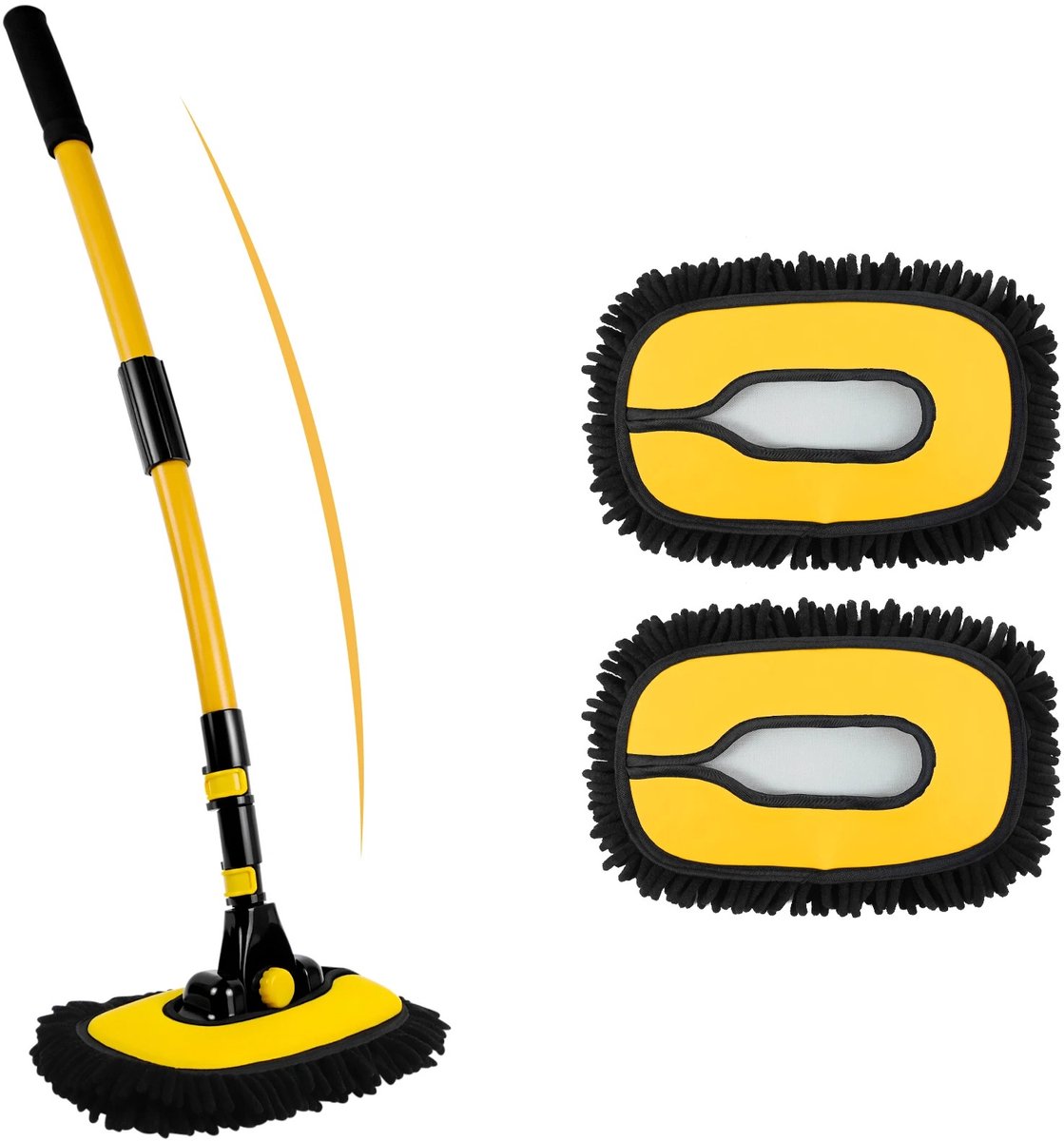 DIMICO - Autowasborstel - Wasborstel auto - Schoonmaakborstel - Car wash brush - 4-delig - Uitschuifbaar - Geel - Gebogen steel - Superabsorberend