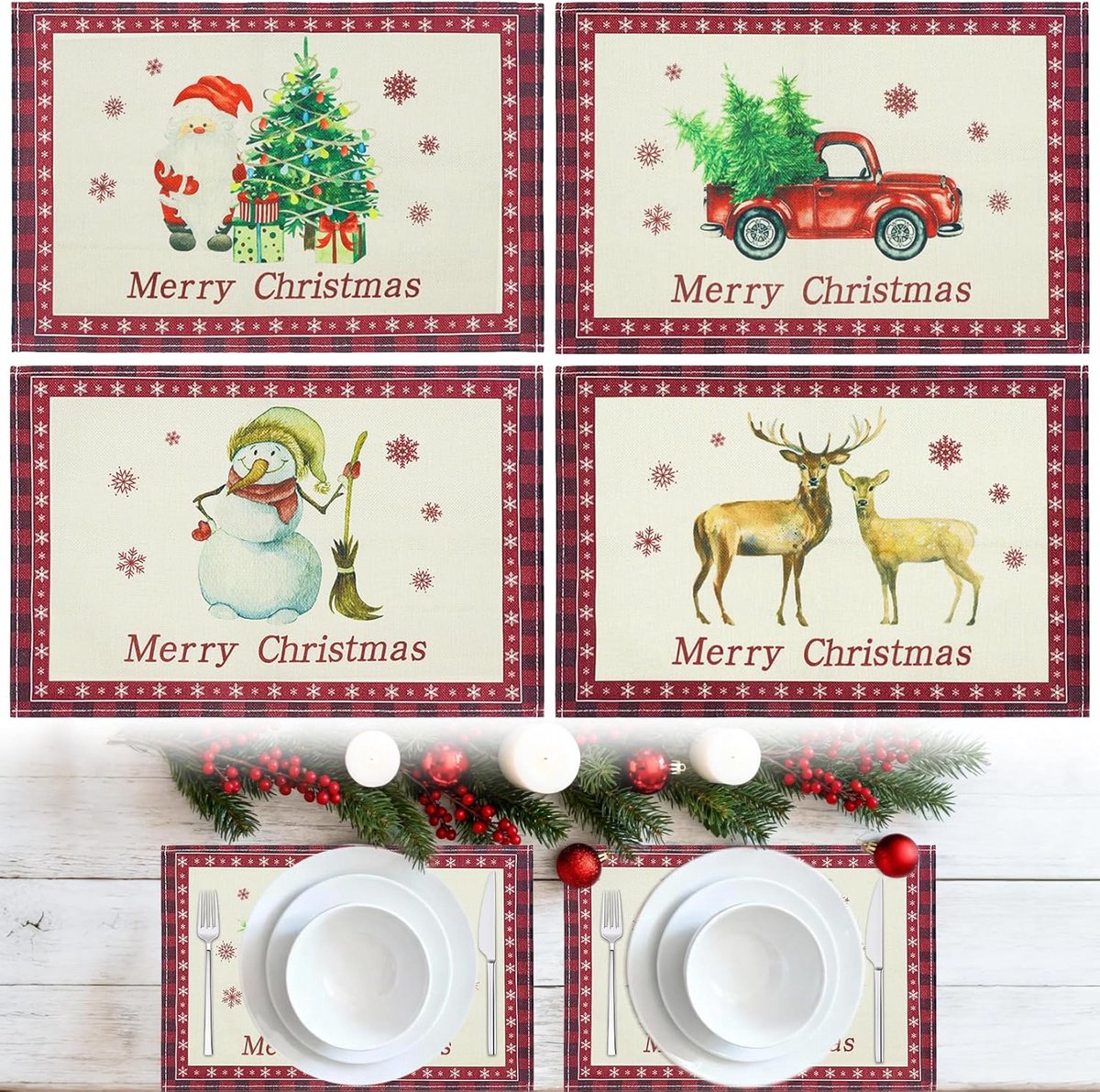 Set van 4 Kerst Placemats 45x30 cm - Tafelonderleggers met Winter Kerstmotief