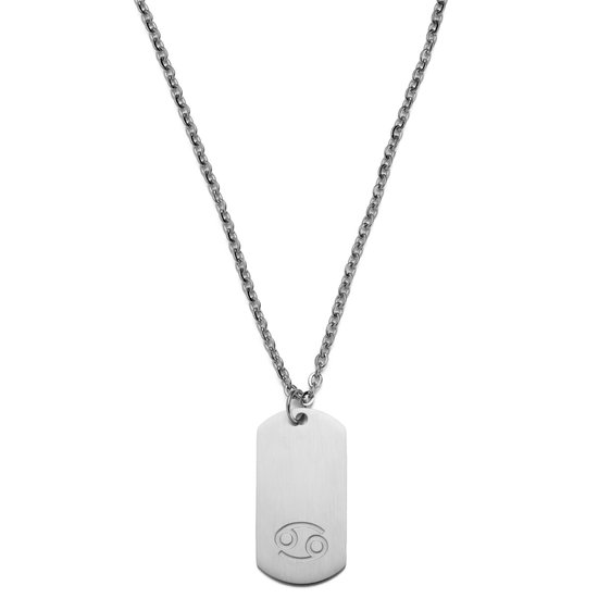 Zilverkleurige stalen ketting met een rechthoekige hanger met het Kreeft-symbool.