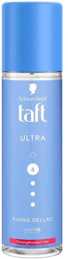 Flesje Taft Ultra Fixing Gellac met blauwe dop, doorzichtige vloeistof en blauw/wit etiket.