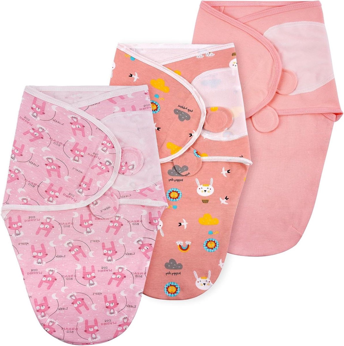 Inbakerpak voor pasgeboren baby's - Set van 3 stuks in ademende biologische katoenen stof - Roze-konijn print - Verstelbare klittenbandsluiting - Geschenk voor pasgeborenen 0-3 maanden