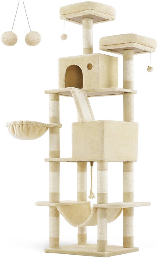 Grote Beige Krabpaal - Kattenappartement - Kattentoren met meerdere niveaus - Spaanplaat, Pluche, Sisal - 60 cm x 50 cm x 206 cm - 23,5 kg - 75 kg capaciteit