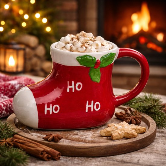 Kerstmok - Kerstlaars Design - 300 ml - Keramiek - Feestelijk Rood/Wit