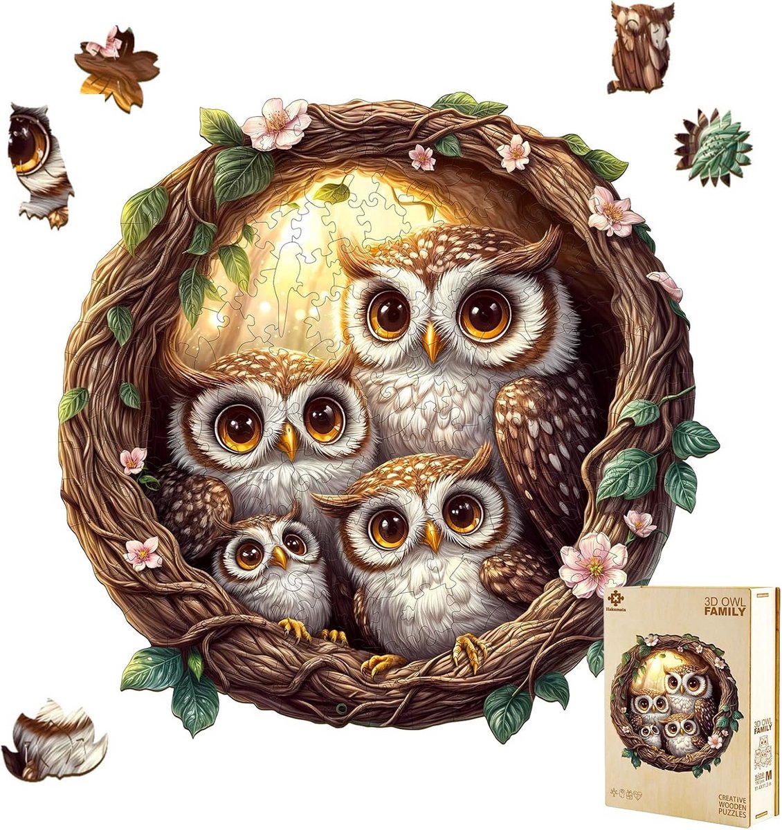 Unieke 3D Houten Puzzel Uil Familie - 290 Delen Decoratie Cadeau