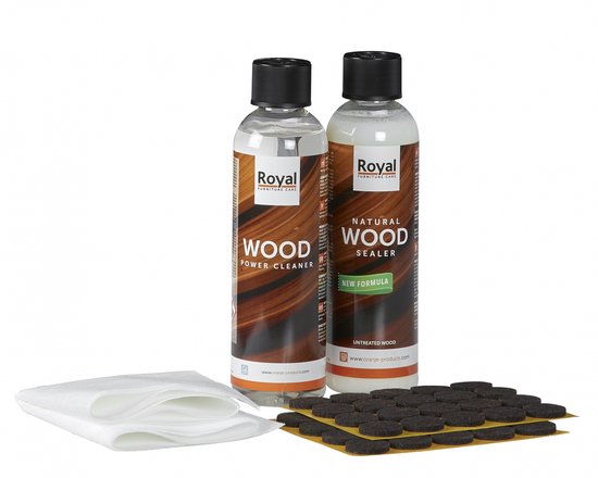 Royal Furniture Care set met Wood Power Cleaner, Natural Wood Sealer, doek en viltjes.