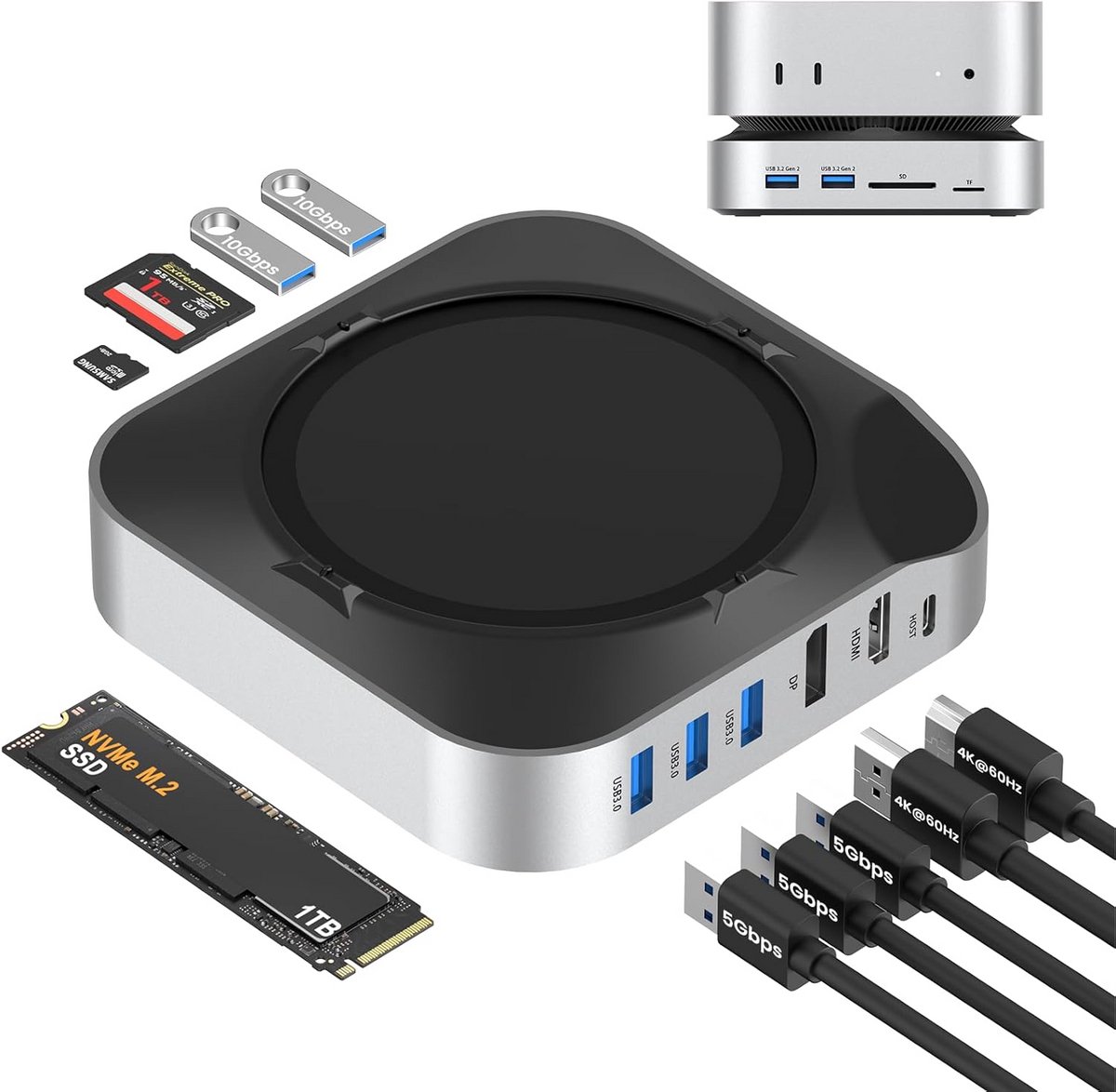 Docking Station voor Mac mini met NVMe SSD-behuizing en Dubbele Monitor Ondersteuning