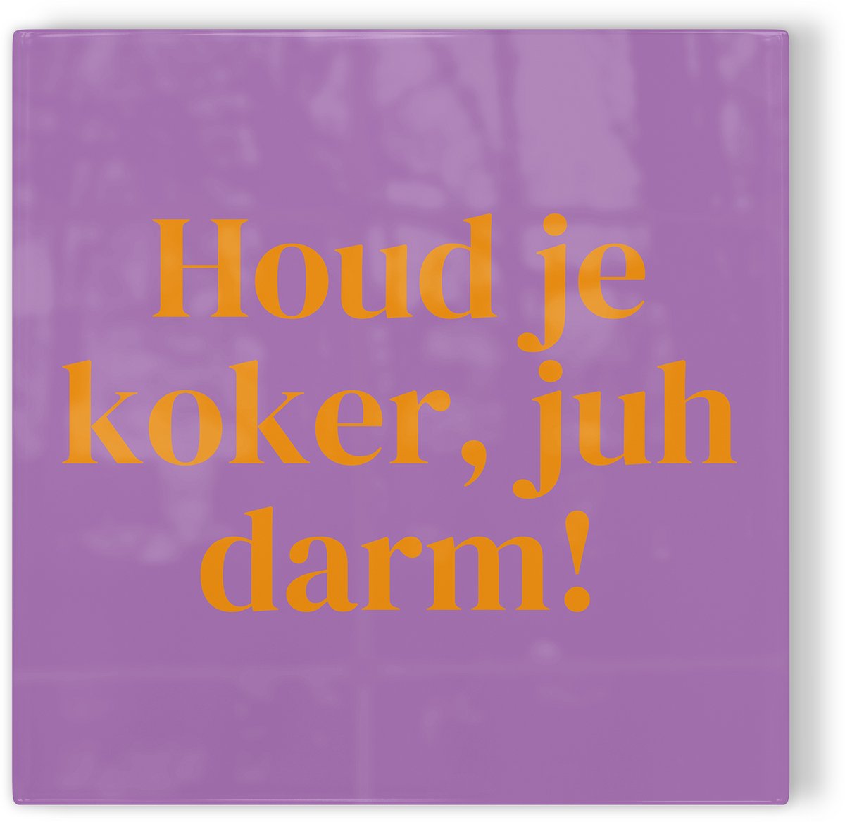 Tegeltje Leiden Houd je koker, juh darm! - paars oranje - tegeltje stad - tegeltje met tekst