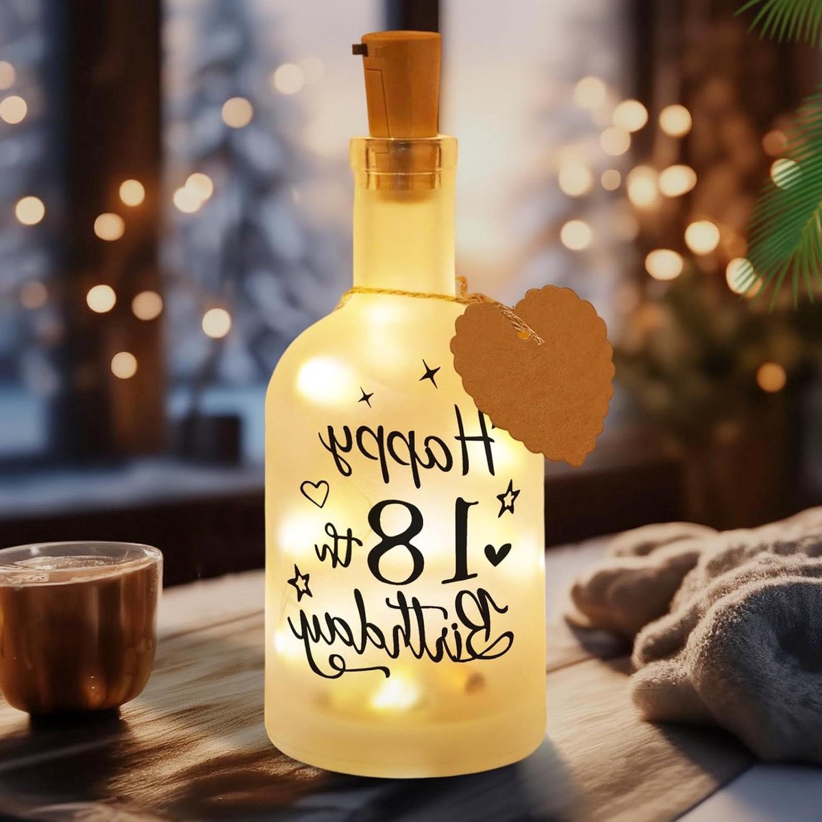 Verjaardagscadeau 18 jaar - Lichtgevende decoratieve fles - Cadeau zoon, dochter, zus - Origineel geschenk met spreuk