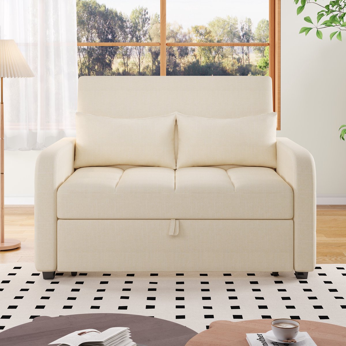 OKWISH Slaapbank 127 X 180 Cm - Inklapbaar Met Verstelbare Rugleuning In 3 Standen - Voor Studio Of Logeerkamer - Linnen Katoen - Beige