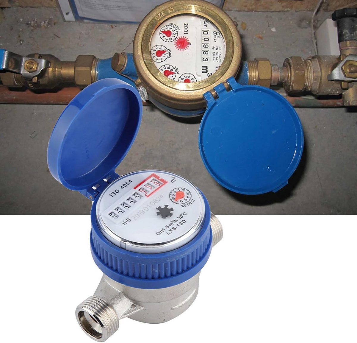 Watermeter Koud Water 1/2 Duim DN15 QN 1.5 m3/h met Koperen Koppelingen