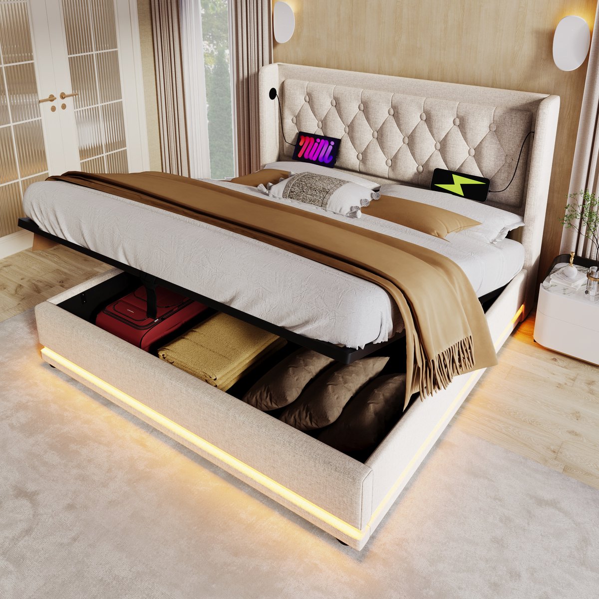 MODFU Bedframe 160x200 cm van katoen, beige, met opbergruimte, USB/Type-C en LED-verlichting