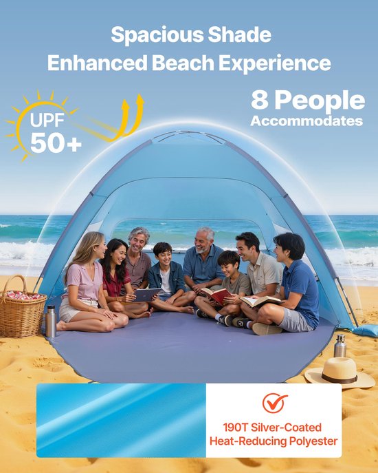 VEVOR strandtent met zonnescherm voor 8 personen, UPF 50+ bescherming, draagbare strandtent met draagtas en grondankers, lichtgewicht strandparasol voor kamperen, vissen, picknicken, zonnetent van Vevor — afbeelding 3