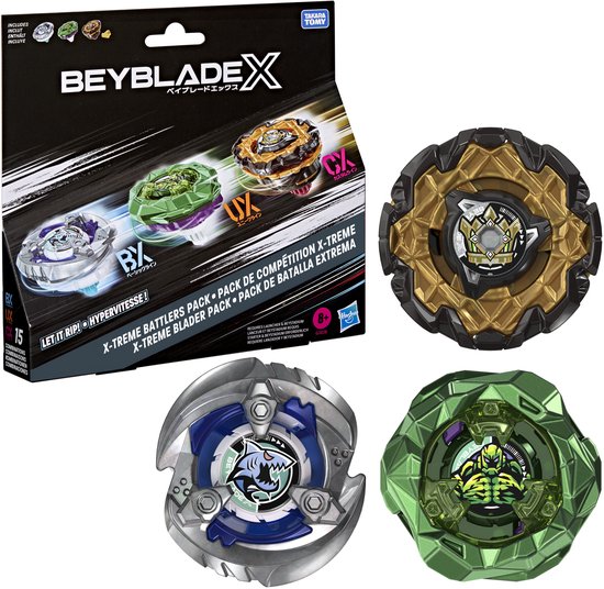Verpakking van de Beyblade X X-treme Battlers Pack naast de drie afzonderlijke tollen in detail.