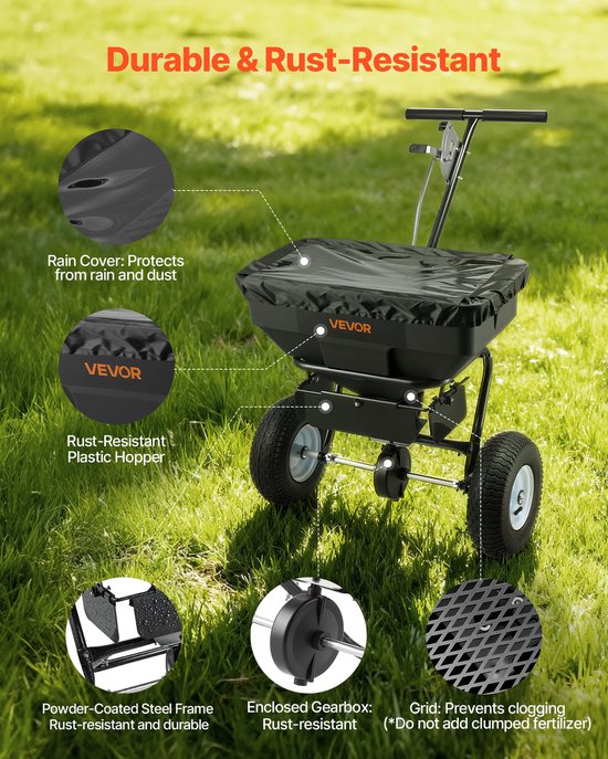 VEVOR Strooier, 59kg Capaciteit, Kunstmeststrooier met Een Strooibreedte van 0-3,66m, Zaadstrooier met 33cm Luchtbanden, Regelbare Doorvoersnelheid, Centrifugaalstrooier voor Kunstmest, Zaden en Strooizout van Merkloos	 — afbeelding 5
