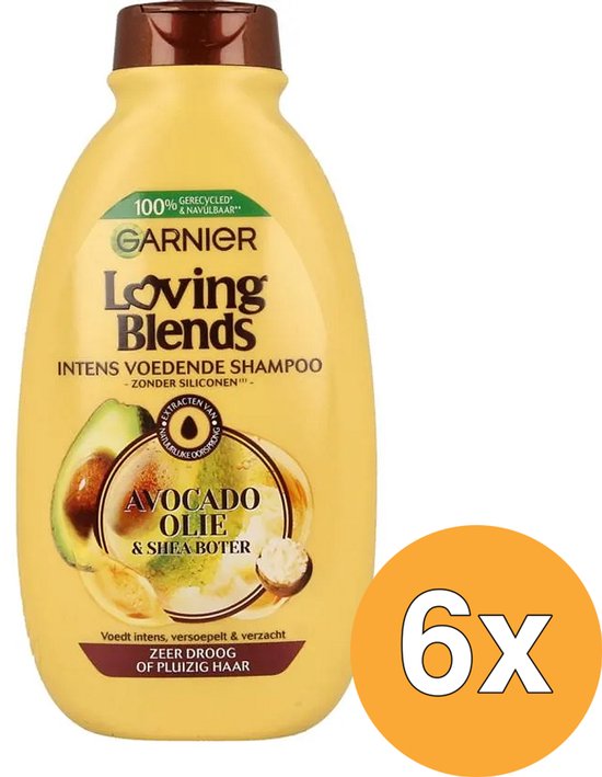 Garnier Loving Blends Intens Voedende Shampoo met avocado olie & shea boter, 300 ml, in gele fles.