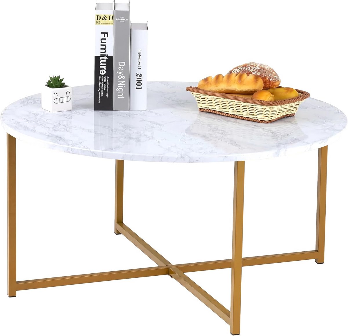 Ronde Salontafel met Faux Marmeren Look en Metalen Frame - Modern Design