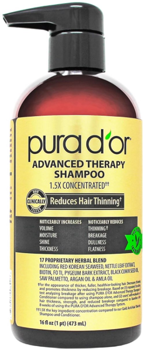 PURA D'OR Advanced Therapy Shampoo 473ML – Vermindert Haaruitval, Verhoogt Volume, Biotine & Arganolie, Sulfaatvrij, Voor Alle Haartypes, Mannen & Vrouwen