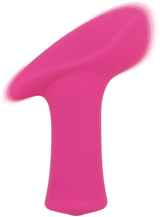 Felle roze vibrator met een T-vormige basis en een schuine, afgeronde bovenkant, met vervagingseffect om beweging te suggereren.