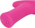 Detailopname van de roze vibrator, met twee metalen contactpunten aan het uiteinde.