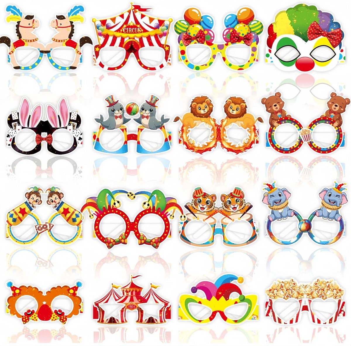 Papier circus feestdecoratie 16 stuks - carnavalsbril - fotobooth accessoires - leuk voor verjaardagsfeest - SnelShoppen