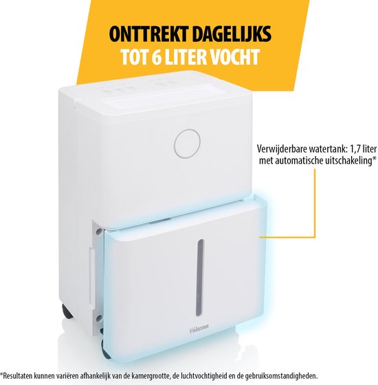 Witte luchtontvochtiger met indicatie 1.7L watertank en automatische uitschakeling.