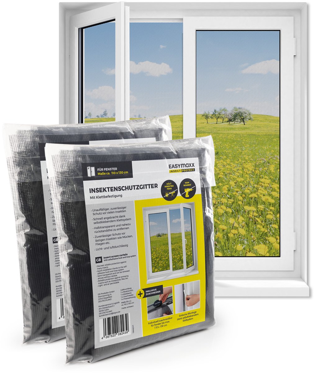 EASYmaxx Vliegengaas voor ramen, montage zonder boren, op maat te snijden, insectenbescherming voor ramen tot 110 x 130 cm, muggenbescherming, vliegennet, klittenband, zelfklevend, zwart, 2 stuks