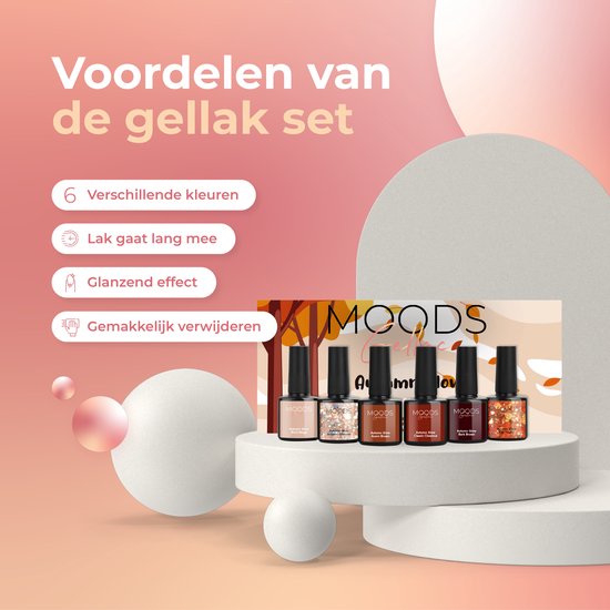 Set van 6 Moods Gellac 'Autumn Glow' nagellakflesjes, tentoongesteld op een podium.