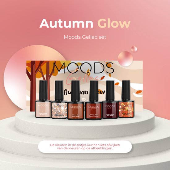Set van 6 Moods Gellac 'Autumn Glow' nagellakflesjes in herfsttinten, op een podium.