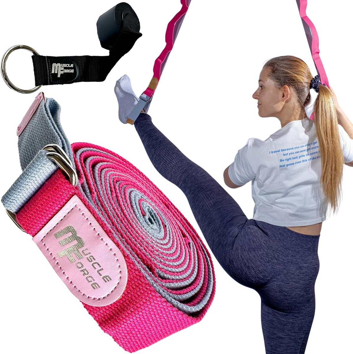 Yogariem met Lussen - Beenstrekker Deurhaak - Flexibiliteit Verbeteren - Veelzijdige Training - 300 cm Lengte - Roze