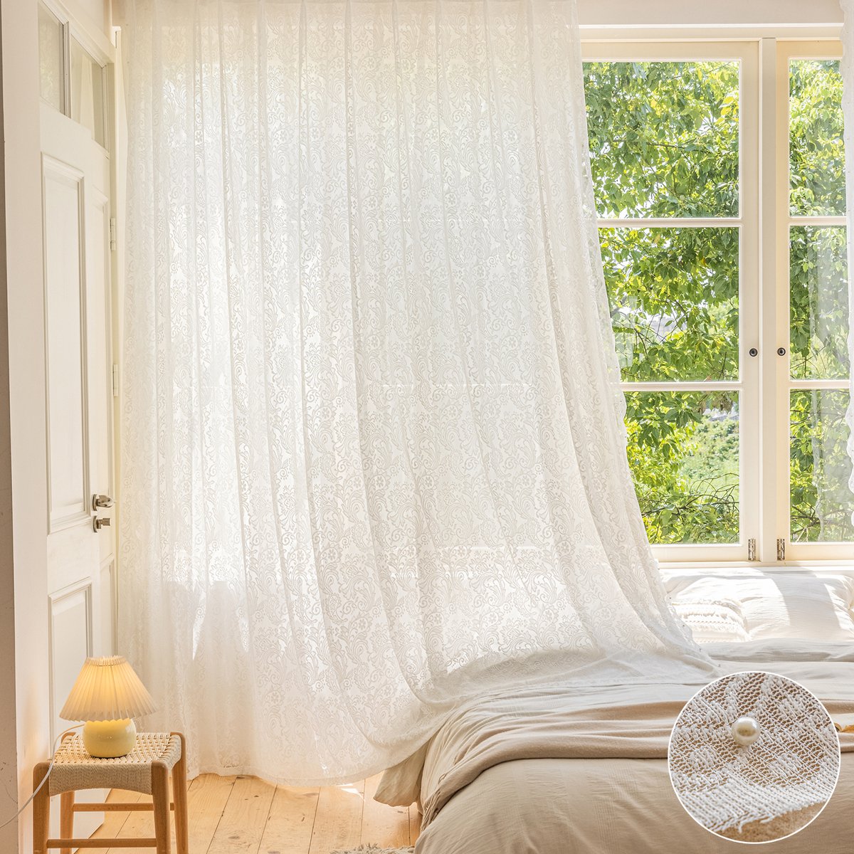 Qelus 2 Stuks Luxe Vitrage met Parels - Elegant Voile Gordijn met Kralen - Transparant - Tunnelzoom - Voor Woonkamer & Bruiloft - Voilage avec Perles - B140xH150cm Wit