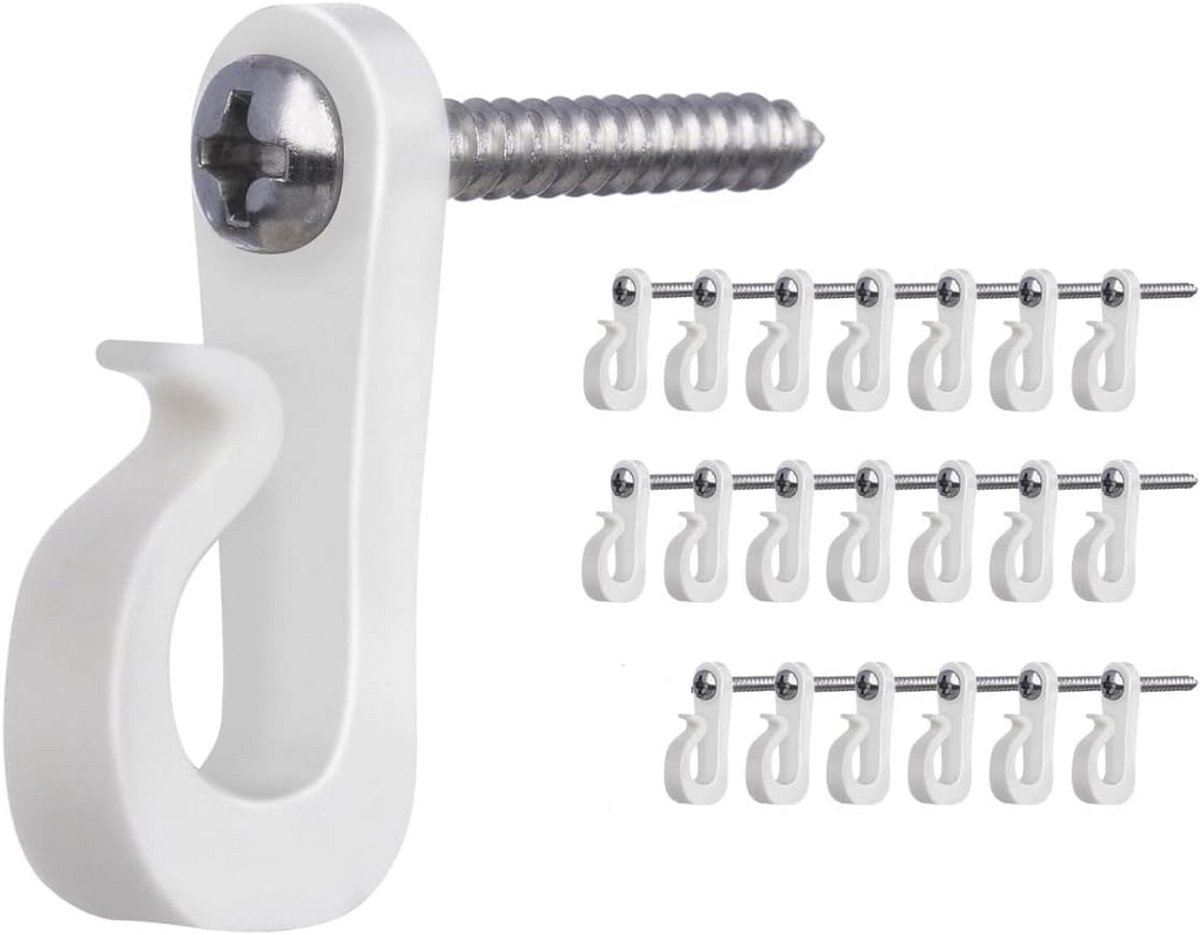 20x Q-Haken met Schroeven en Pluggen voor LED Strips, Manden & Buiten Decoratie - Wit