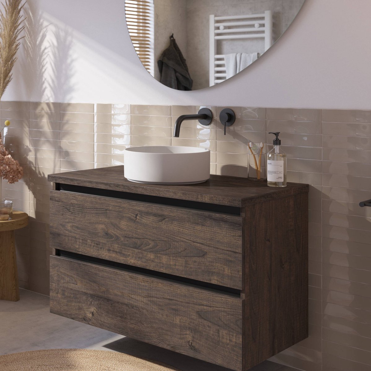 Saqu Gaia badmeubel incl. mat witte waskom 100x51x75cm kasteel bruin – zwarte greeplijst