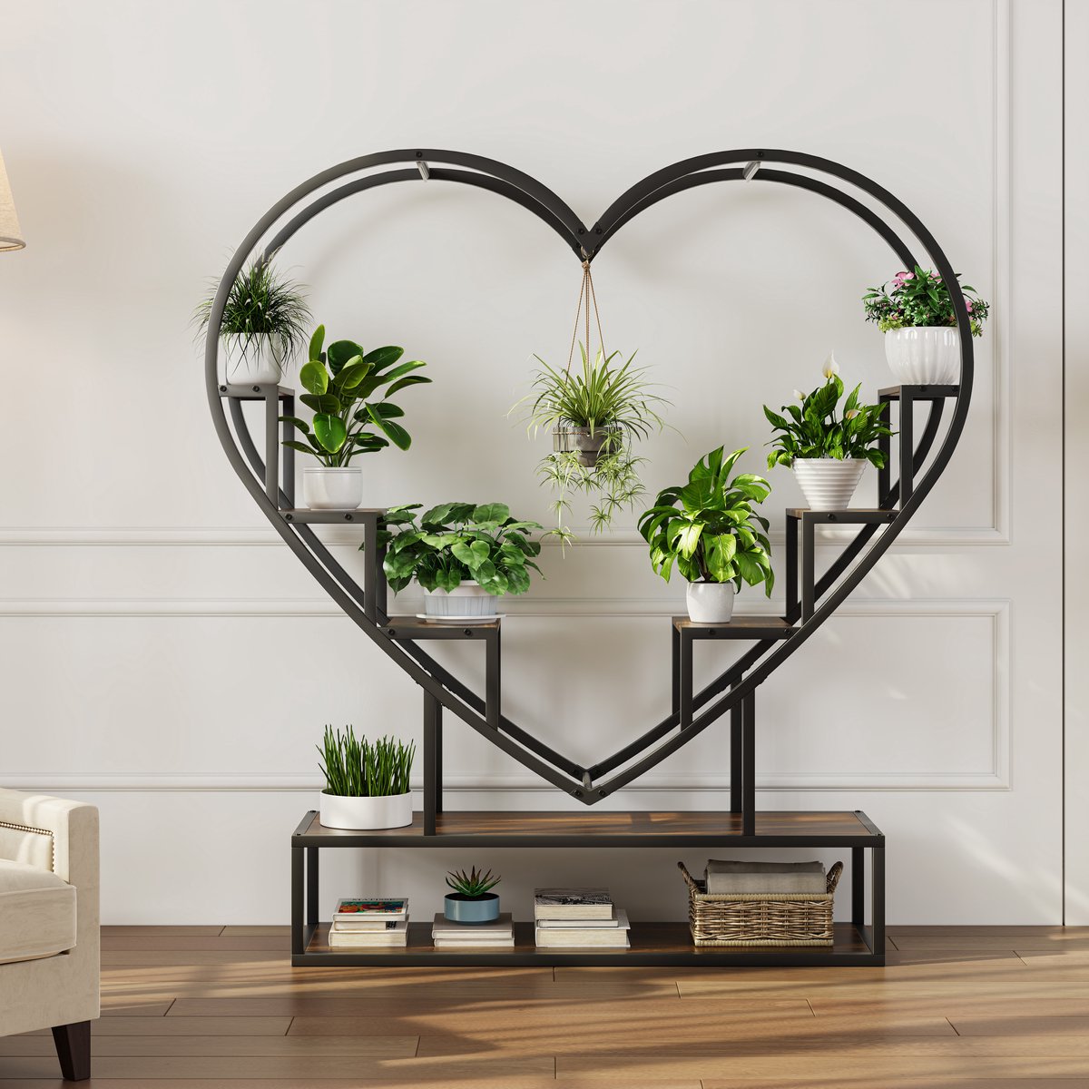 Romantische Hartvormige Plantenstandaard met Hangplanken en Opbergruimte, Meervoudige Plantenstandaard voor Interieurdecoratie | Hartvormig Plantenrek
