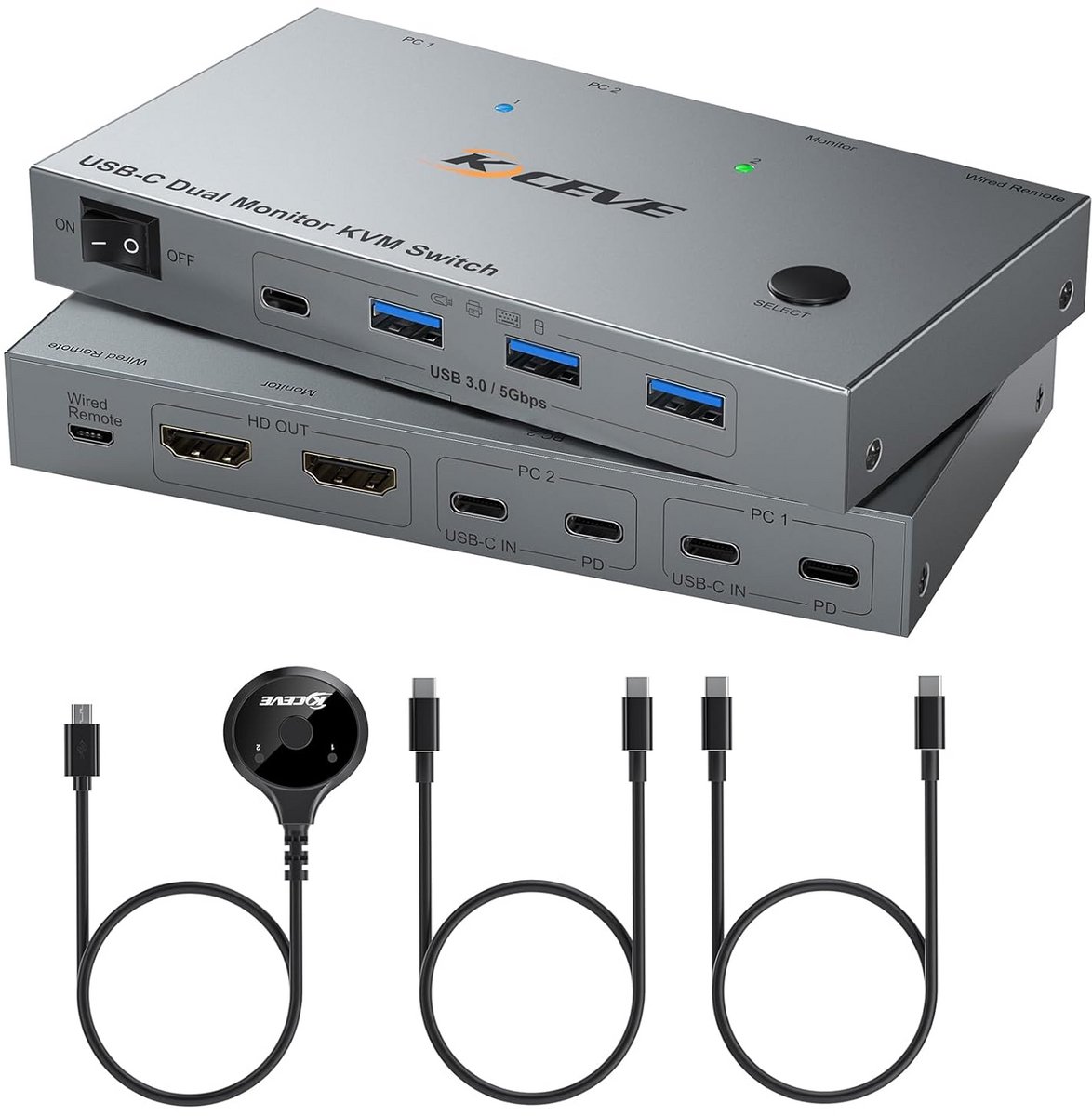 USB-C KVM Switch Dual Monitor voor 2 Laptops, 4K@60Hz, 100W Power Delivery en 4 USB 3.0 Poorten