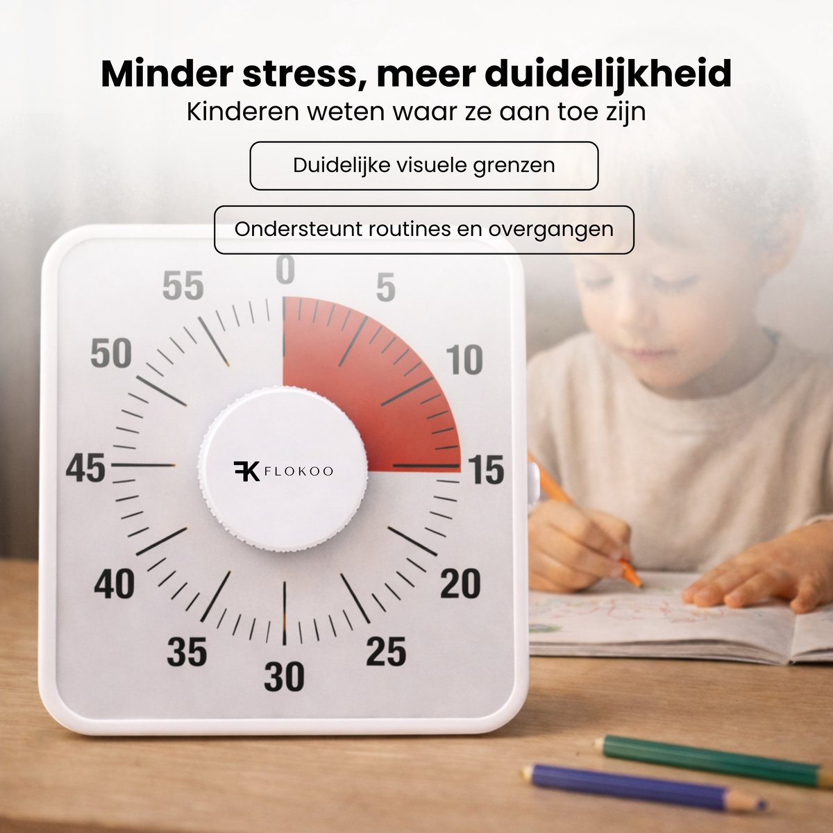 Leerklok Wit - 19cm x19 cm - Aftelklok - Kookwekker Analoog - Leer Klok kijken — afbeelding 2