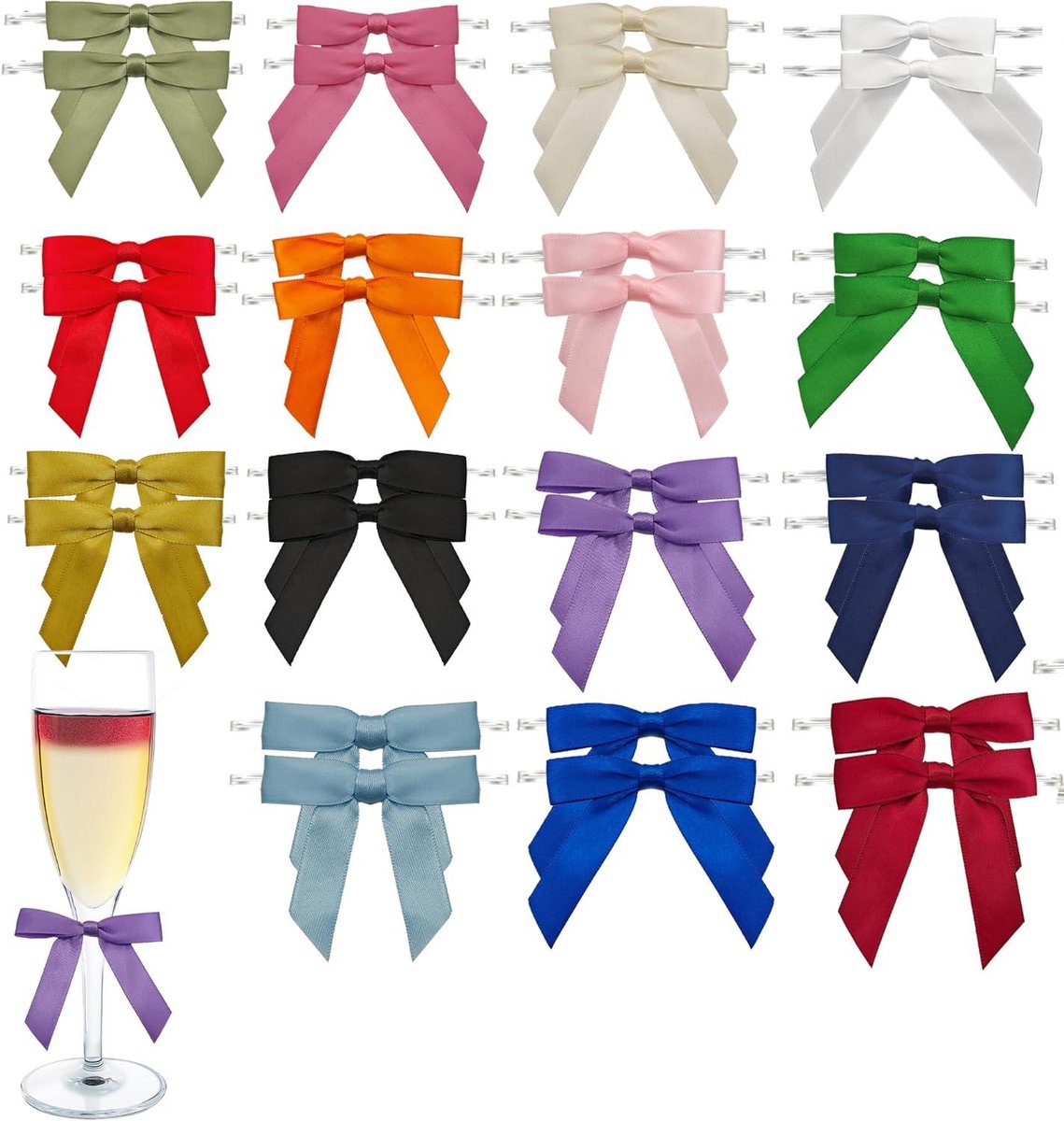 Set van 28 decoratieve wijnglas markers met satijnen lint en vlinderdas design