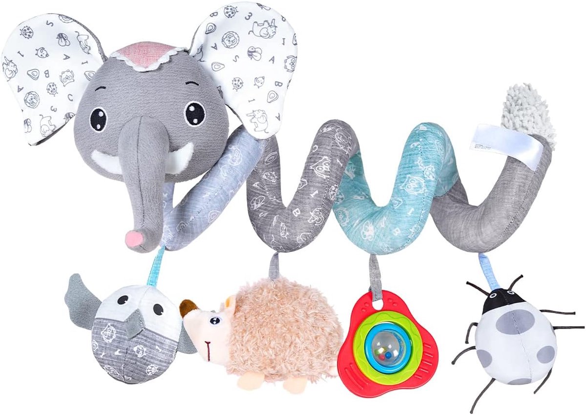 Hangend Sensespeelgoed voor Babybed & Wandelwagen - Muziekdoos & Bijtring - Zachte Knuffel voor Baby's 0-12 Maanden - Baby Decoratie in Olifant Vorm (Grijs)