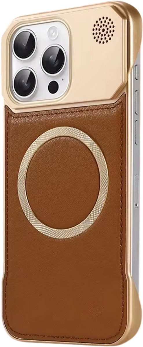Hoesje van Leer geschikt voor iphone 17 pro max– Luxe Magnetisch Hoesje met Aromatherapie, Draadloos Opladen en Randloos Design – Volledige Bescherming - Bruin