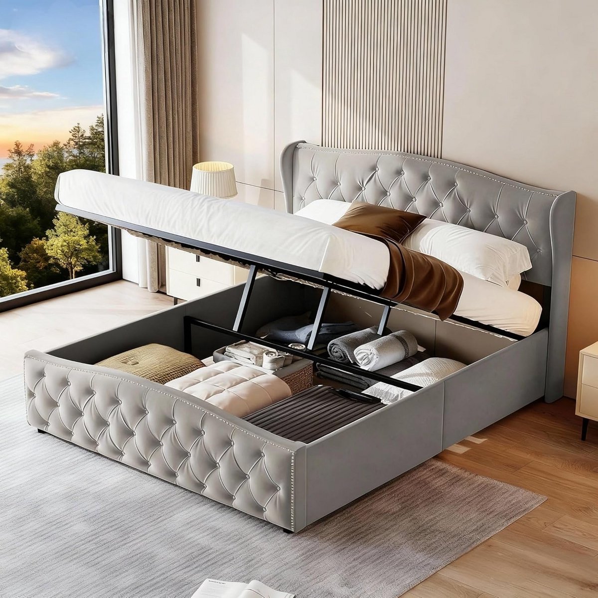Gestoffeerd tweepersoonsbed 140x200 cm met opbergruimte en hoofdbord