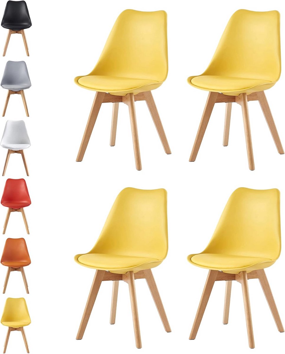 Set van 4 Eetkamerstoelen Geel - Moderne Kuipstoelen met Houten Poten