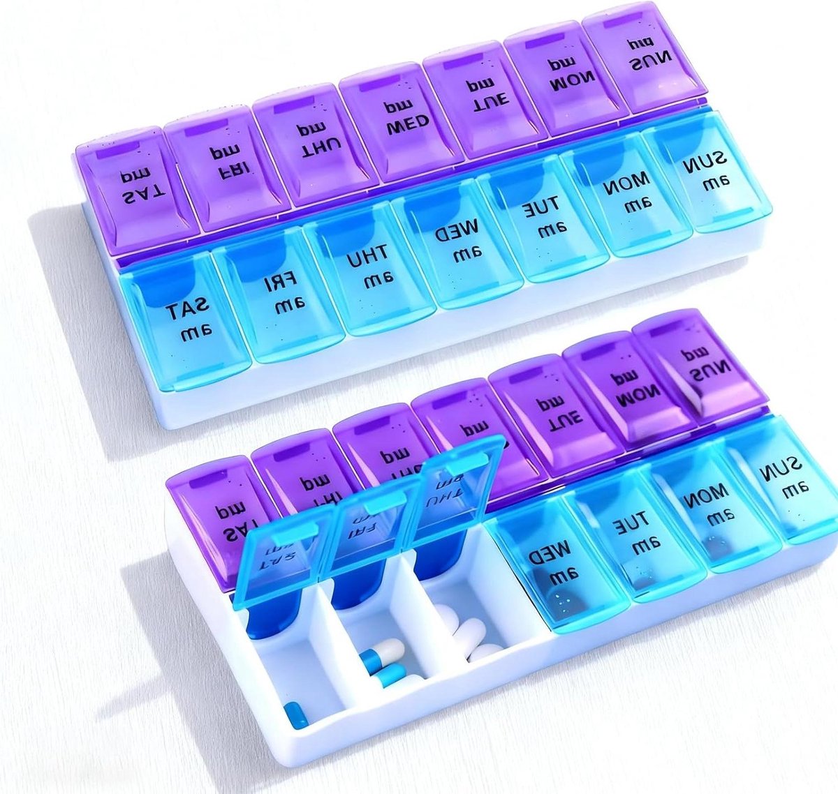 Tablettenbox 14 dagen - 2 stuks - Medicijnbox met 2 vakken - 's Morgens/middags - Engelse herinnering - Voor vitaminen, pillen, visolie - Organiser voor 7 dagen