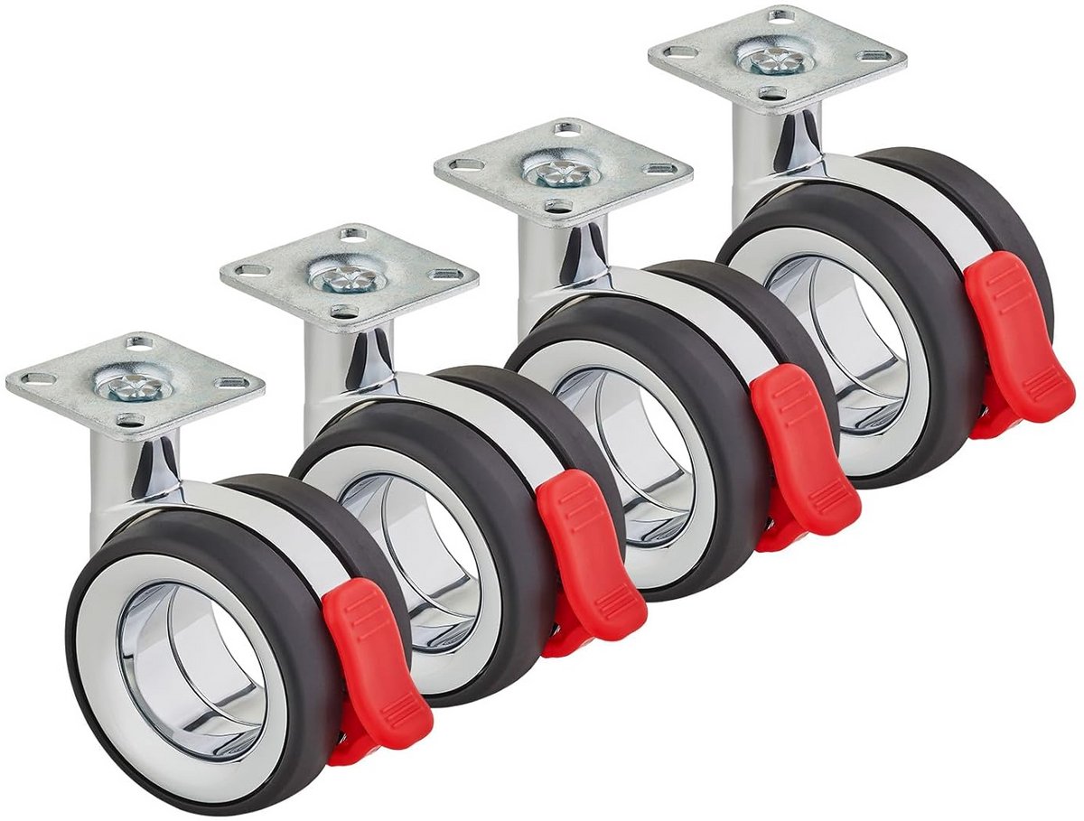 Set van 4 Premium Zwenkwielen voor Meubels Ø 75 mm met Rem - Stijlvol Chroom/Zwart