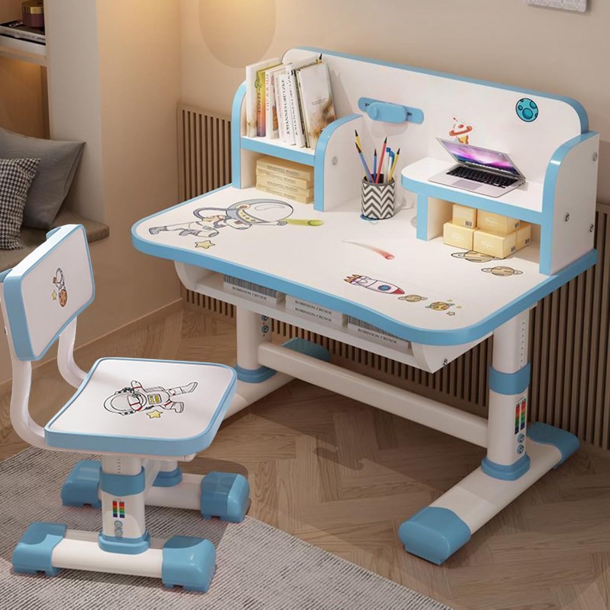 In Hoogte Verstelbaar Kinderbureau met Stoel - Ergonomisch Studieplek met Astronautenprint