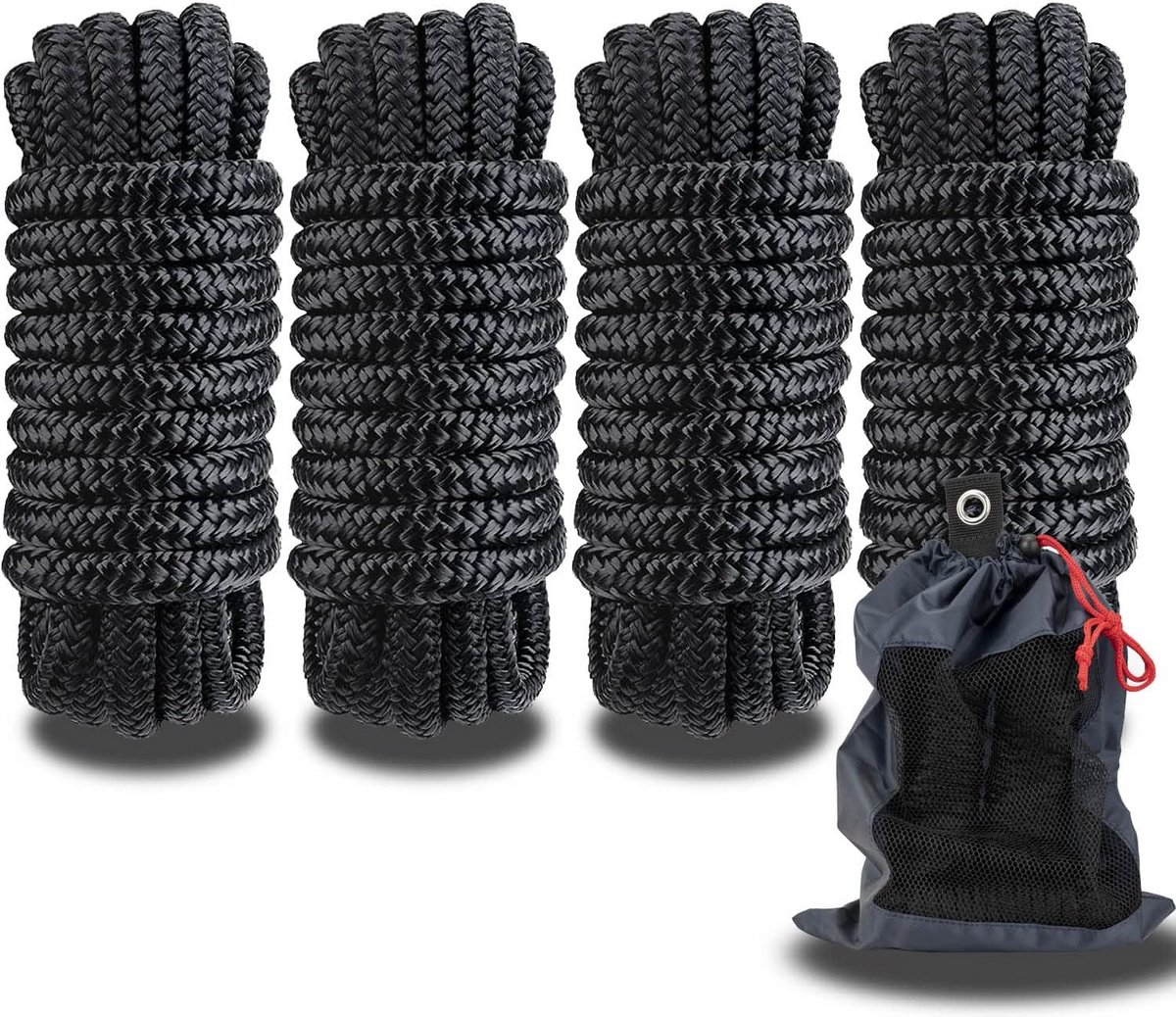 Zware Dubbelgevlochten Nylon Landvasten met Oog, 15 FT voor het Afmeren van Boten, Zwart (4 Stuks)