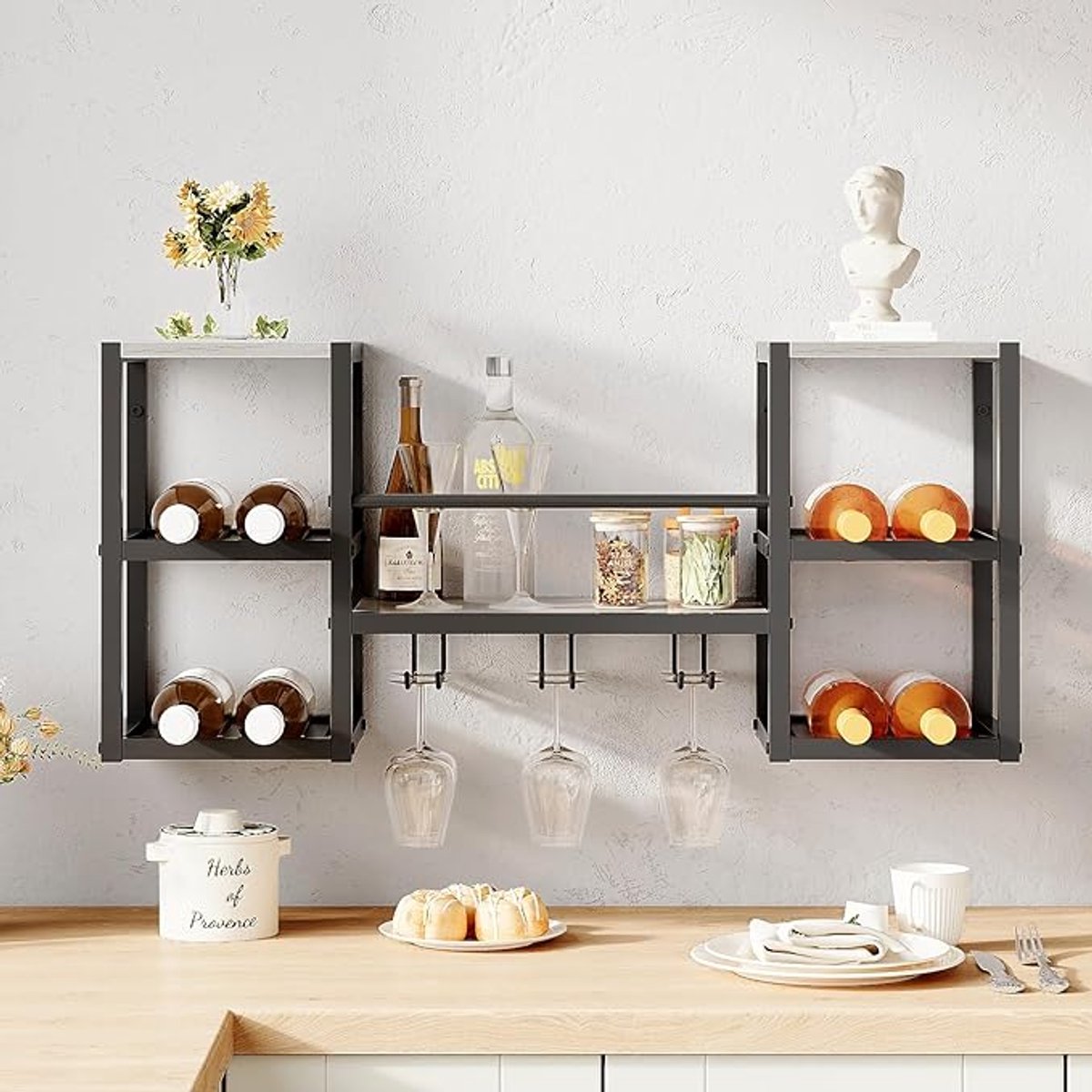 LeeuwenChoice® Wijnrek Muurgemonteerd - Wijnflessenhouder - Wandrek 3 Niveau's - Met Glazenhouders - Hout & Metaal - 88cm (B) x 25cm (D) x 40cm (H)
