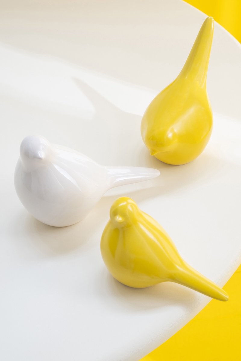 J-Line decoratie Vogel - porselein - geel - set van 3