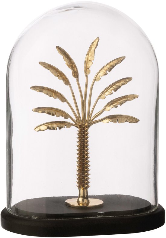 Gouden palmboom onder stolp met zwarte basis.