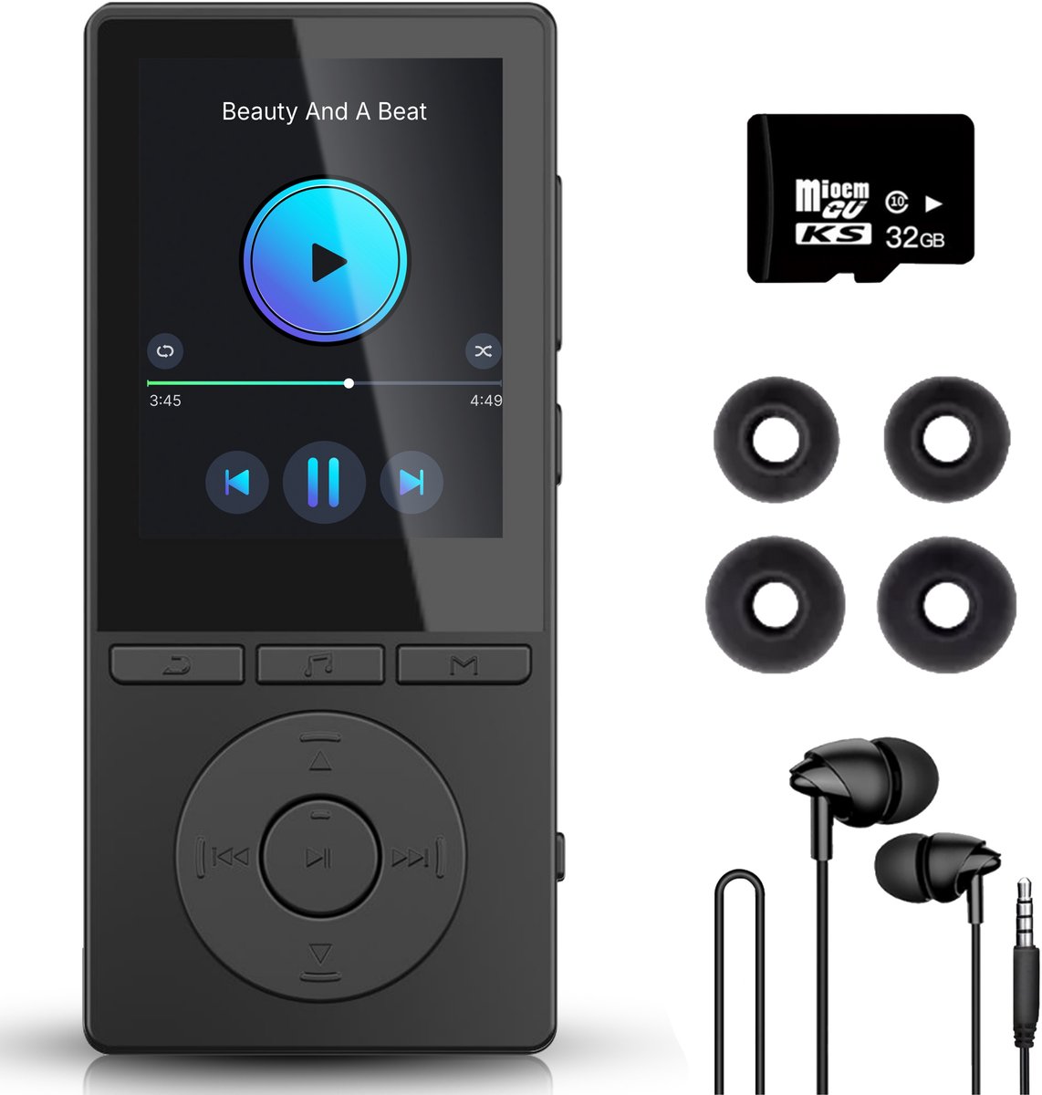 QURETTO® MP3 Speler 64GB – Bluetooth 5.3 – Nederlandse Interface – Inclusief 32GB SD Kaart – Diepe Bas – 2.4 Inch – USB-C – Uitbreidbaar tot 128GB – Voice Recorder – Muziekspeler