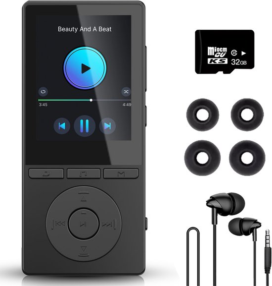 Zwarte MP3-speler met 2,4 inch scherm, tonend "Beauty And A Beat", met koptelefoon en 32GB SD-kaart.